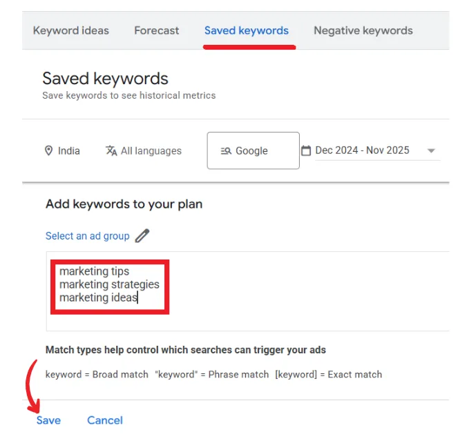 saved keywords