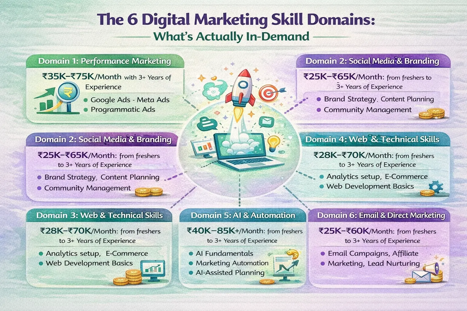The 6 core skill domains in Digital Marketing 