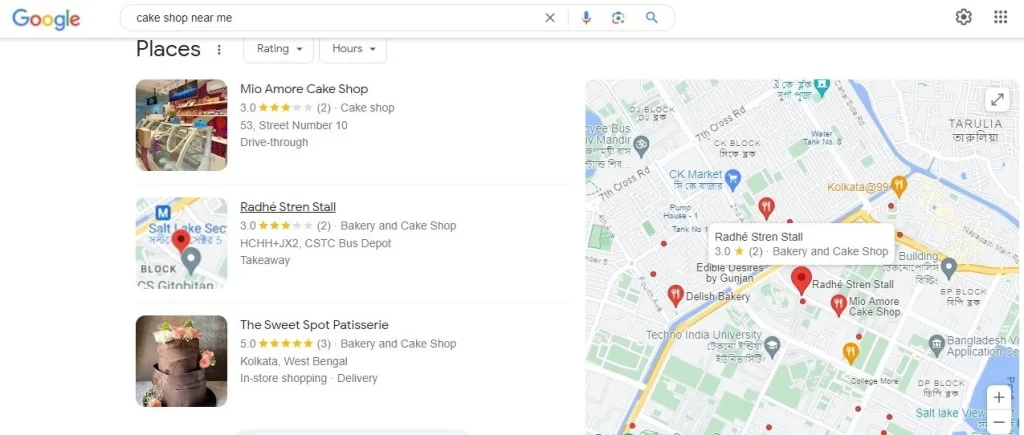 Google SERP page overview showing information about Cake Shop near me attached a map with a bunch of places on it.