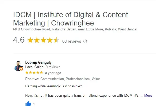 Review by IDCM course user in GMB